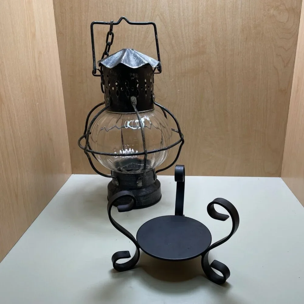Rare Antique-Style 3 Piece Black Metal & Glass Lantern With Decorative Stand and